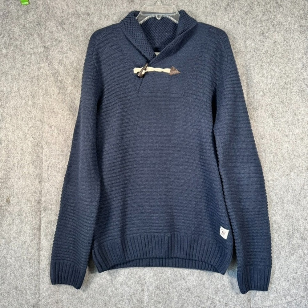 BellField‎ Shawl Collar Ribbed Elbow Patch Sweater Mens Large Blue Fisherman